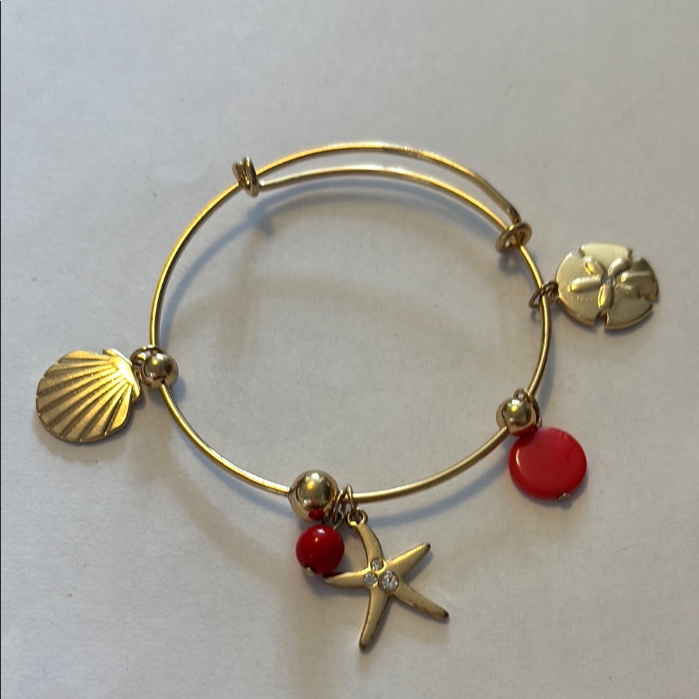 Gold and Red Charm Bracelet with Seashell and sand dollo Accents